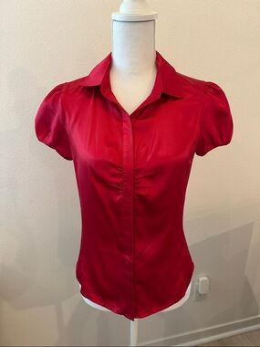 Women's Red Satin Puff Sleeve Button-Front Top
